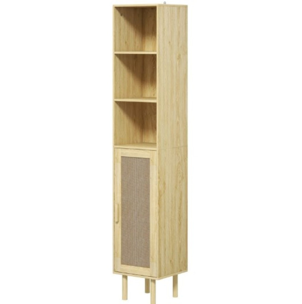 English Elm Nordic Tall Bathroom Storage Cabinet with Woven Rattan Doors and Open Shelving T3971P430664