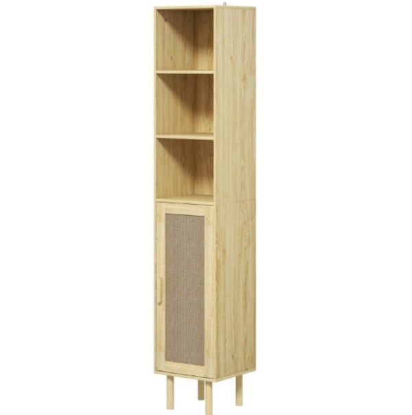 English Elm Nordic Tall Bathroom Storage Cabinet with Woven Rattan Doors and Open Shelving T3971P430664