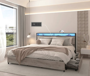 English Elm King Storage Bed with Led Lighting Charging Station Four Drawers Metal Slat Frame W2129P210693