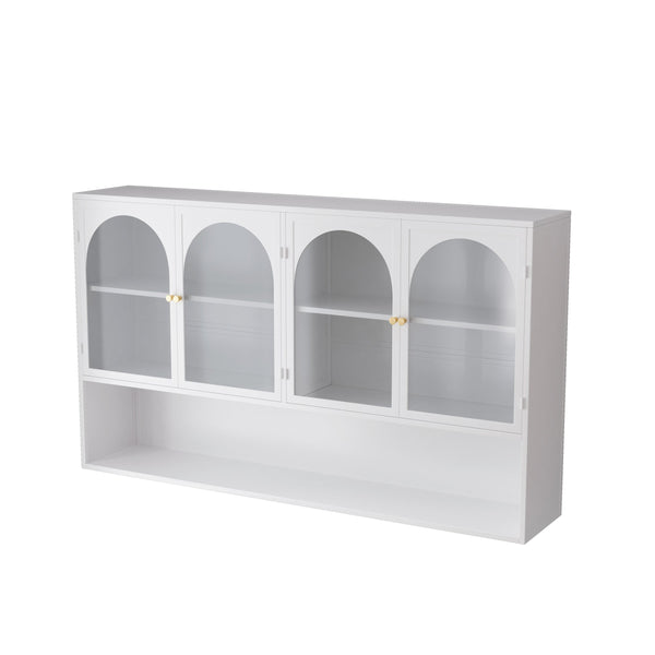English Elm 47.25" Four-door Glass Wall Cabinet Storage - Durable Iron & Tempered Glass, Space-Saving Vertical Organizer White W757P205948