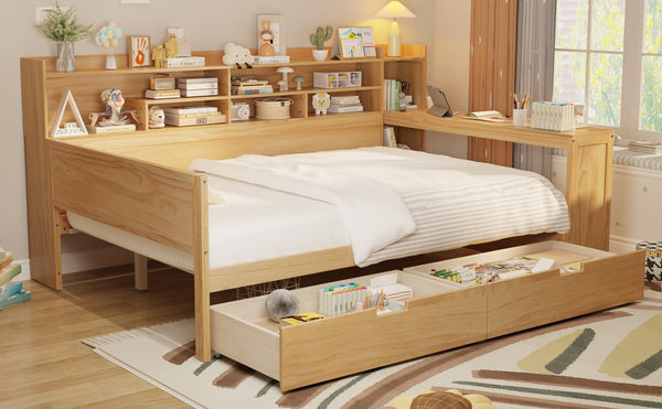 English Elm Wooden Full Size Daybed with Built-In Desk, Side Shelves and Dual Drawers for Organized Living Natural 70 L x 18.6 W x 5.5 H N733S241486M