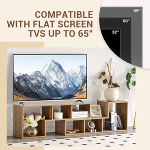 English Elm 2 Pieces Cube TV Stand with Adjustable 55–80" Length, Six Open Shelves, Modern Minimalist Storage and Durable MDF Design Natural Wood W3226P298393