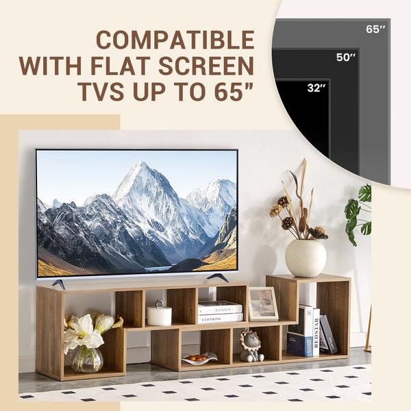 English Elm 2 Pieces Cube TV Stand with Adjustable 55–80" Length, Six Open Shelves, Modern Minimalist Storage and Durable MDF Design Natural Wood W3226P298393