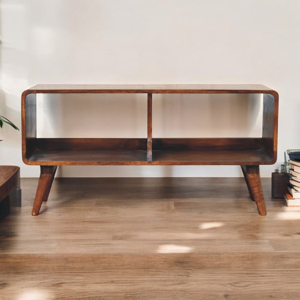 English Elm Solid Wood Curved Media Unit - Handcrafted Chestnut Console With Scandinavian Design & Storage Solution B182P249269-GIGA