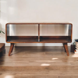 English Elm Solid Wood Curved Media Unit - Handcrafted Chestnut Console With Scandinavian Design & Storage Solution B182P249269-GIGA