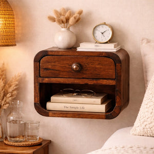 English Elm Solid Wood Handcrafted Floating Bedside Shelf Organic Curved Design for Small Bedrooms B182P490946