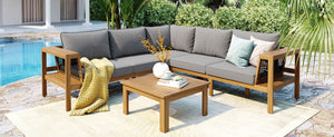 English Elm <old Old Sku Acacia Wood L-shaped Patio Sectional with Woven Rope Armrests Resort Cushioned Set Gray,Natural N704F201249E