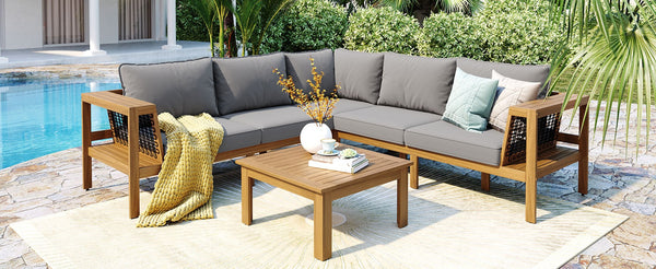 English Elm <old Old Sku Acacia Wood L-shaped Patio Sectional with Woven Rope Armrests Resort Cushioned Set Gray,Natural N704F201249E
