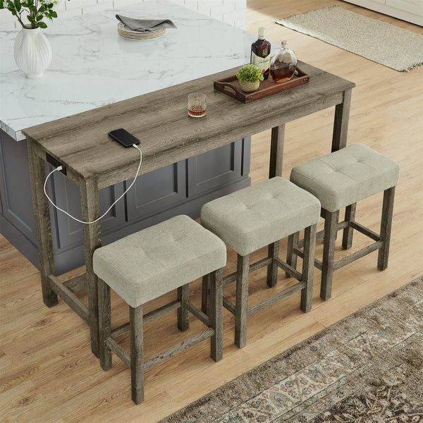 English Elm 59 Inch Bar Table with Built-In Power Outlet and 3 Upholstered Stools, Sturdy MDF & Solid Wood Design for Kitchen Dining Living Room Brown W2972P277854