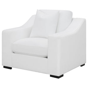 English Elm Chelan White Fabric Accent Chair with Sloped Arms Boxed Cushions and Cappuccino Wood Legs B062P440261