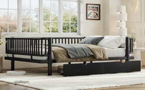 English Elm Queen Storage Platform Bed Low Profile Metal Frame with Built-in Drawers for Small Spaces Black W5305P471352