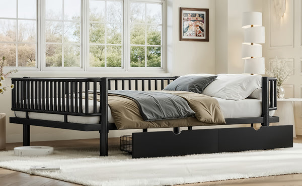English Elm Queen Storage Platform Bed Low Profile Metal Frame with Built-in Drawers for Small Spaces Black W5305P471352