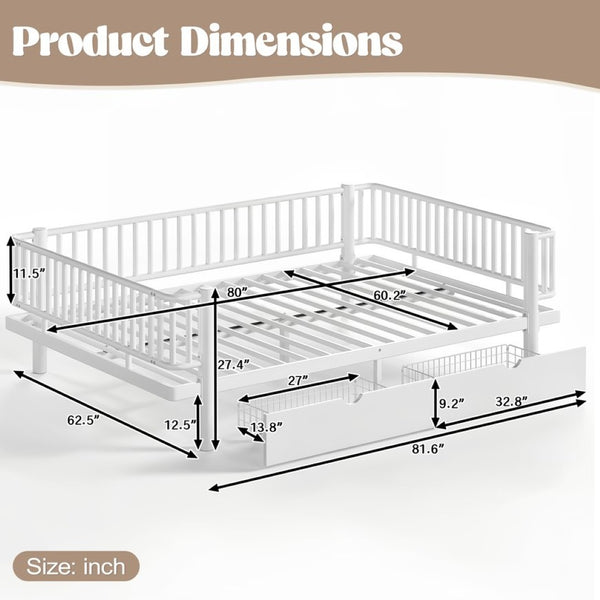 English Elm Queen Storage Platform Bed Low Profile Metal Frame with Built-in Drawers for Small Spaces Light White W5305P471354