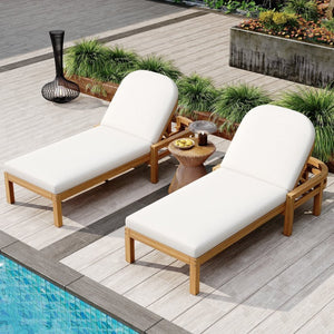 English Elm Trexm Outdoor Acacia Wood Reclining Chaise Set Poolside Patio Lounger Pair Light Teak TM000032AAD