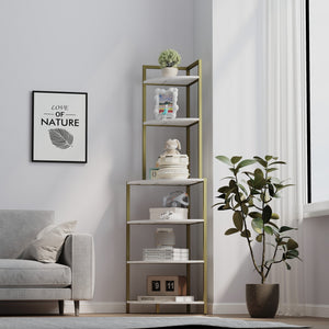 English Elm 6-Tier Corner Bookcase Gold+White Modern Open Shelves Rustic Brown Display Rack Space-Saving Stand W2167P207457