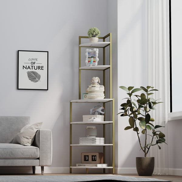 English Elm 6-Tier Corner Bookcase Gold+White Modern Open Shelves Rustic Brown Display Rack Space-Saving Stand W2167P207457