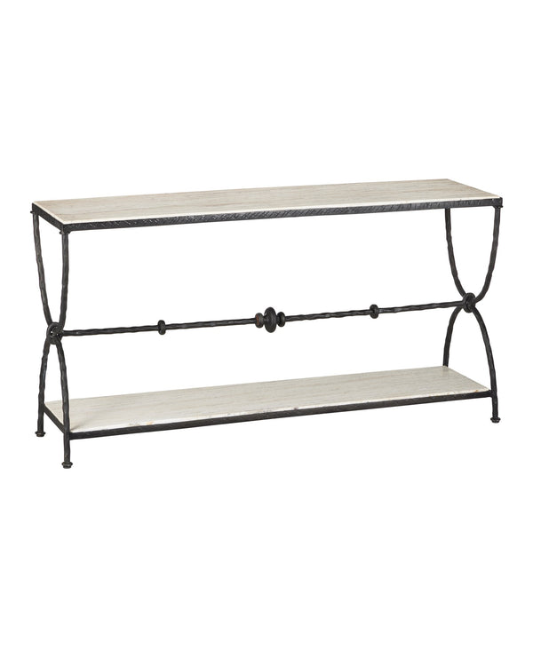 Currey & Company Agora White Travertine Console Table - Elegant Greek-inspired Design With Stunning Veining & Bronze Frame White White Travertine ,Wrought Iron 4000-0245-currey-company