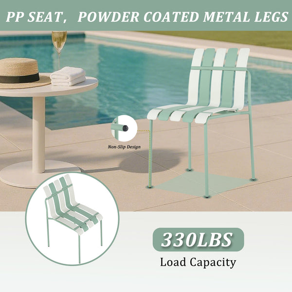 English Elm 4-Pack Modern Striped Color Block Chairs with 55" Long Table — Waterproof PP Seats, Rustproof Metal Frame Haze Green,khaki,White W3450S00016