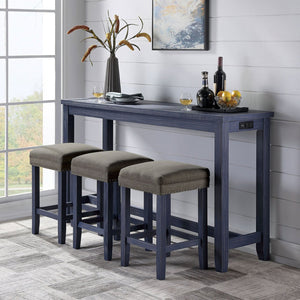 English Elm 4pc Dining Table Set 64"L with 3 Upholstered Stools Nailhead Trim USB Power Outlet Antique Blue B2741P384391