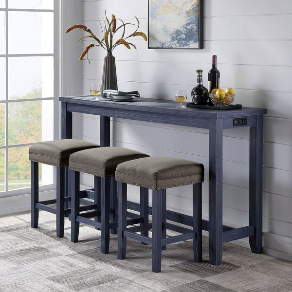 English Elm 4pc Dining Table Set 64"L with 3 Upholstered Stools Nailhead Trim USB Power Outlet Antique Blue B2741P384391