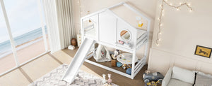 English Elm Full Bunk Bed with Trundle Bookshelf Storage Pine Frame Car Design for Kids Light White W1580S00464