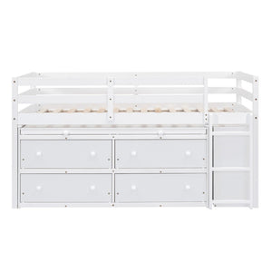 English Elm Twin Loft Bed Pinewood Frame Four Drawers Retractable Study Desk Kids Bedroom White LT000368AAK