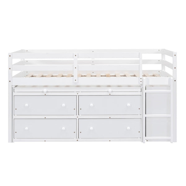 English Elm Twin Loft Bed Pinewood Frame Four Drawers Retractable Study Desk Kids Bedroom White LT000368AAK