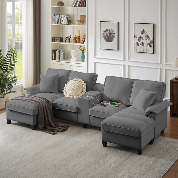 English Elm 120" Modular Corduroy Sectional Sofa Bed with Storage, U-Shaped 4-Seater, Cup Holders & Console Gray W1359S00012