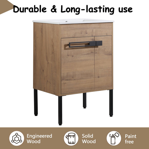 English Elm 24 24 Inch Bathroom Vanity with Ceramic Sink, Freestanding or Wall-Mount, Soft-Close Doors, Storage W999S00076