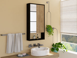 English Elm Medicine Cabinet Matte Black Mirrored Door with Open Shelf for Modern Bathrooms B097133126