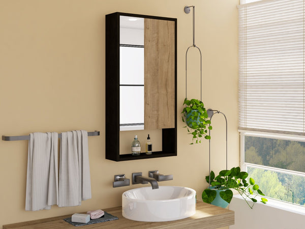 English Elm Medicine Cabinet Matte Black Mirrored Door with Open Shelf for Modern Bathrooms B097133126