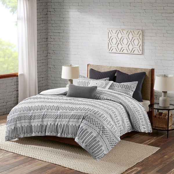 English Elm Cotton Jacquard Comforter Mini Set with Eyelash Stripe Detail, OEKO-TEX Certified, King/Cal King Grey+Black 21.65 L x 22.44 W x 9.45 H B035128808