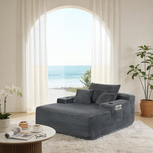 English Elm New Corduroy Convertible Chaise Lounge Sleeper Sofa with Cup Holder and Throw Pillows W3975P479028