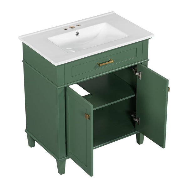 English Elm 30-inch bathroom vanity with ceramic basin, solid wood frame, soft-close doors and adjustable shelves for organized style and lasting durability Green N729P173380F