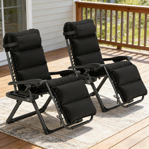 English Elm Reclining Folding Outdoor Lounge Chairs Set of Two with Cushions and Side Tray T3971P445296
