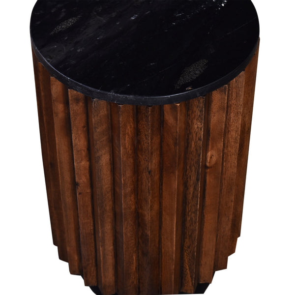 English Elm 12 In. Round Pierre Side Table with Black Marble Top & Slim Metal Base, Modern Compact Accent Piece B2741P286094