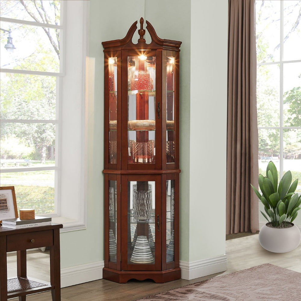 English Elm Walnut Corner Display Cabinet with Mirrored Back Lit Glass Shelves for Living Room W1693P176659