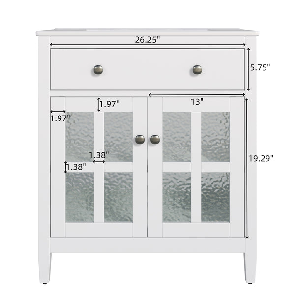 English Elm Christopher Knight Home® - 30" Bathroom Vanity with Ceramic Sink, Solid Wood Legs, Adjustable Shelf, Tip-Out Tray, Soft-Close Hinges, Silver Knobs, Moisture-Resistant Finish White N817P286250W
