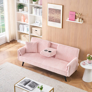 English Elm Minimalist Corduroy Reclining Sofa with Convertible Flat Sleeper and Cup Holder Pink W3356P421779