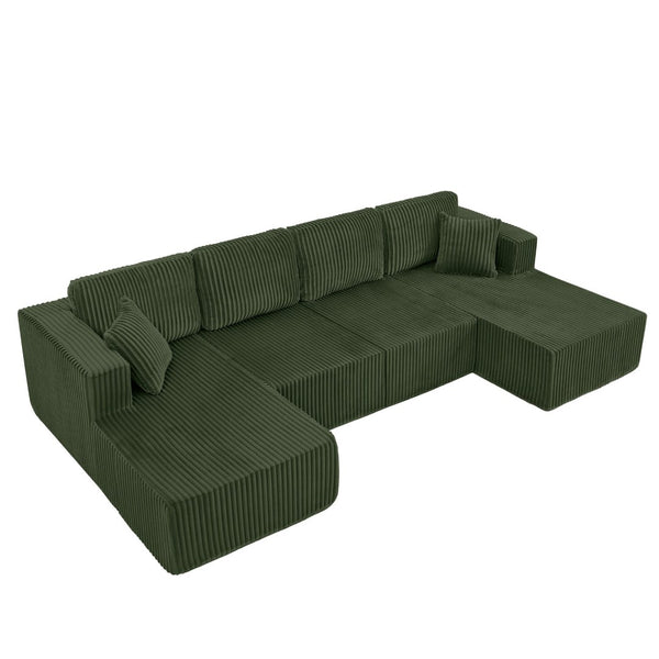 English Elm U-shaped Modular Corduroy Sectional Sofa Sleeper Spacious Living Room Lounge Couch Green W487S00423