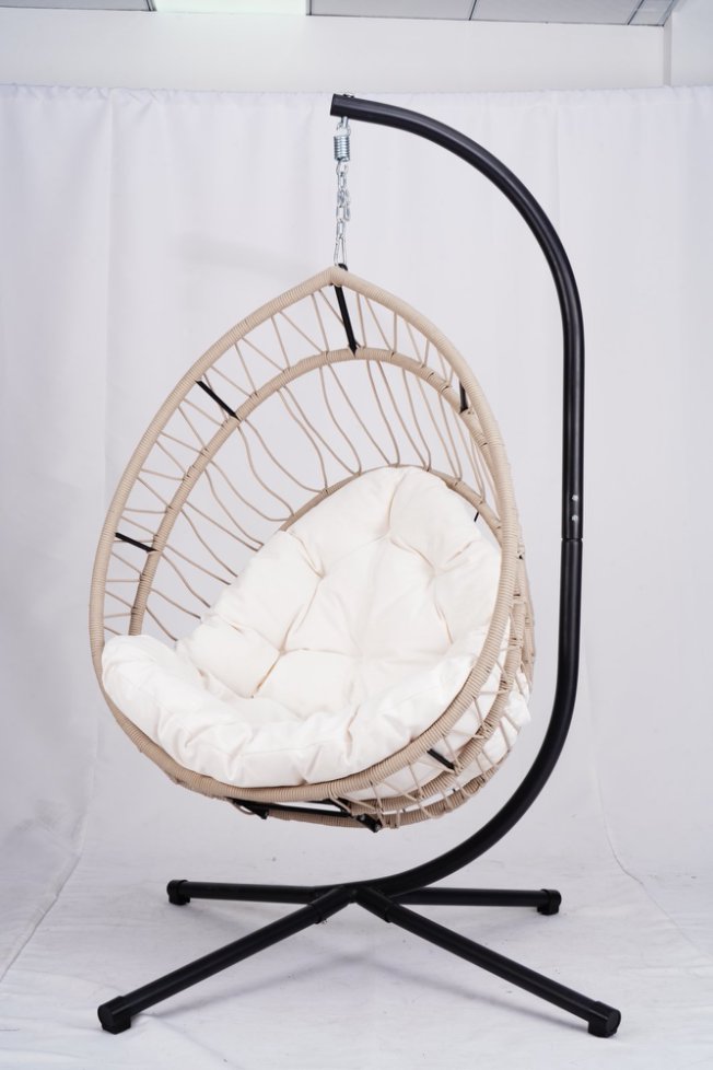 English Elm Outdoor Egg-shaped Hanging Chair with Stand — Beige Gray+White HDPE Cushions, 350lb Sturdy Frame W2500P290032
