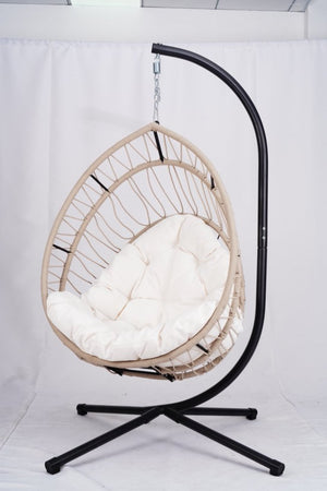 English Elm Outdoor Egg-shaped Hanging Chair with Stand — Beige Gray+White HDPE Cushions, 350lb Sturdy Frame W2500P290032