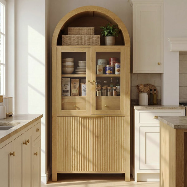 English Elm 71" Arched Glass Barn Door Pantry Cabinet Farmhouse Mdf Storage for Kitchen Dining Oak W2917S00015