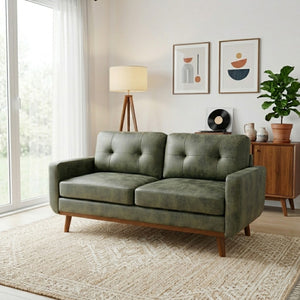 English Elm 65-inch Two Seat Sofa Breathable Foil Fabric Diamond Quilted Back Solid Wood Legs Olive Green W5568P478817