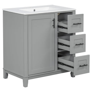 English Elm 30-inch Modern Bathroom Vanity with Ceramic Basin, Rubberwood Frame, Soft-Close Drawers & Organized Storage Grey N729P290689E