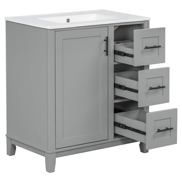 English Elm 30-inch Modern Bathroom Vanity with Ceramic Basin, Rubberwood Frame, Soft-Close Drawers & Organized Storage Grey N729P290689E