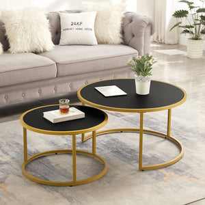 English Elm Modern Faux Leather Nesting Round Coffee Table Set with Gold Metal Base, Stylish Versatile Accent Tables for Living Room (Set of 2) Black W2186P340503
