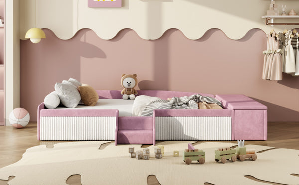 English Elm Full Size Kids Velvet Platform Daybed with Storage Ottoman Staircase Padded Rails Pink+White SF000202AAH