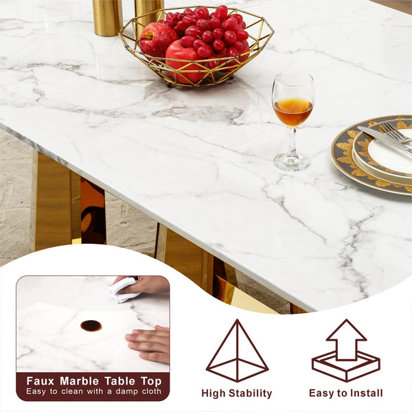 English Elm Marble Dining Table For 6-8 People, Modern Rectangular Faux Marble Top With Chrome Base Design W3456S00040