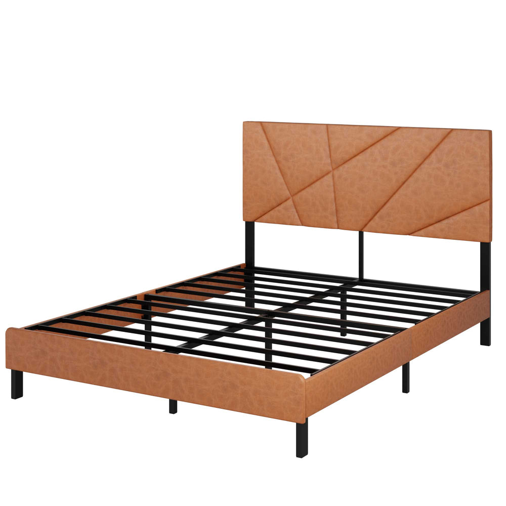 English Elm Queen Metal Platform Bed Frame with Headboard, Antique Brown Upholstered, 800 lb Capacity, Under-Bed Storage, No Box Spring Required W636P294861